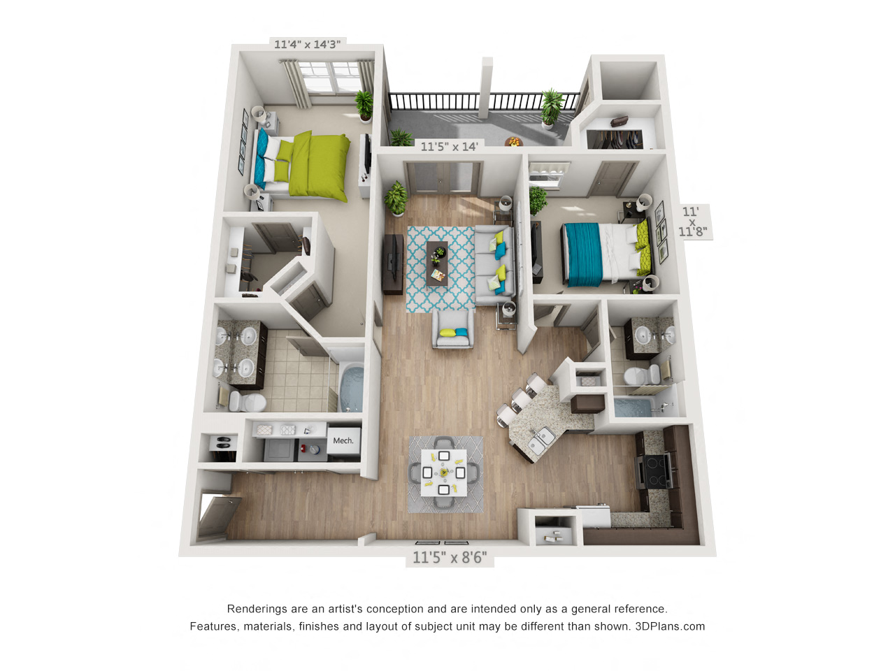 Floor plan for 2 beds, 2 baths, 1177 sqft